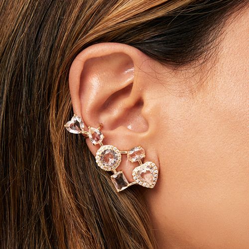 Brinco Ear Cuff Formas Quartzo Rosa e Zircônia Branca - Banho de Ouro 18k
