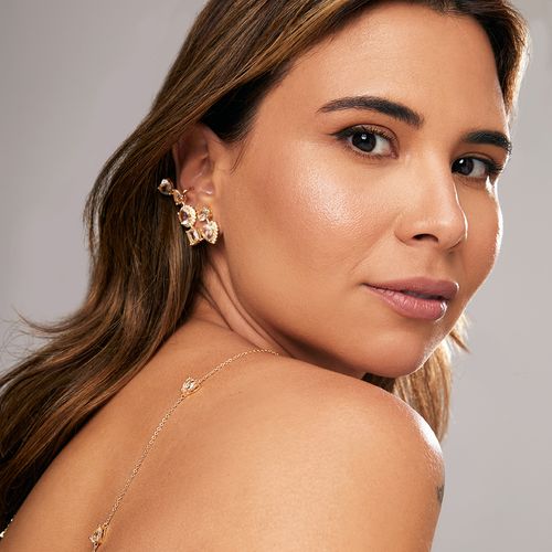 Brinco Ear Cuff Formas Quartzo Rosa e Zircônia Branca - Banho de Ouro 18k