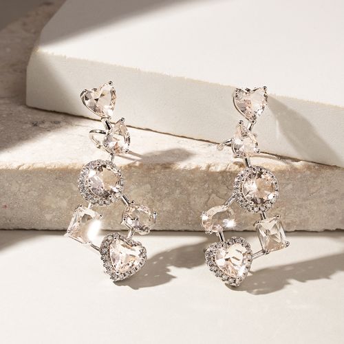 Brinco Ear Cuff Formas Quartzo Rosa e Zircônia Branca - Banho de Ródio Branco