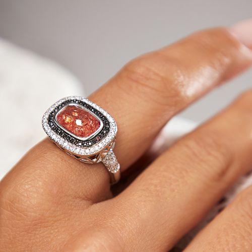 Anel Retangular de Cristal Ice Morganita com Bordas Cravejadas de Zircônias - Banho de Ródio Branco
