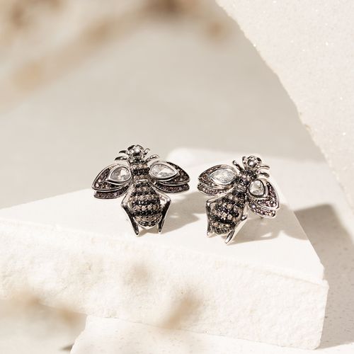 Brinco Bug com Zircônias Brancas, Negras e Champagne - Banho de Ródio Branco
