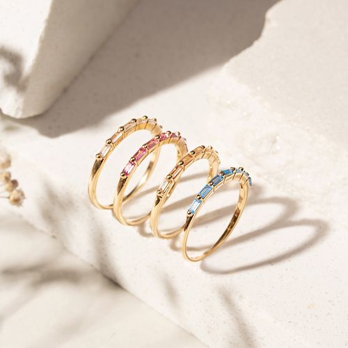 Anel com Cristal Morganita, Cristal Topázio Azul e Cristal Turmalina Rosa - Kit com 4 Anéis - Banho de Ouro 18k