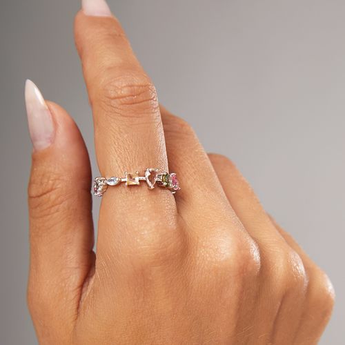 Anel com Formas de Cristal Rutilado, Cristal Topázio Azul e Cristal Turmalina Rosa - Banho de Ródio
