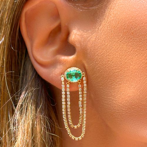 Brinco com Cristal Paraíba e Zircônia Branca Oval com Corrente - Banho de Ouro 18k