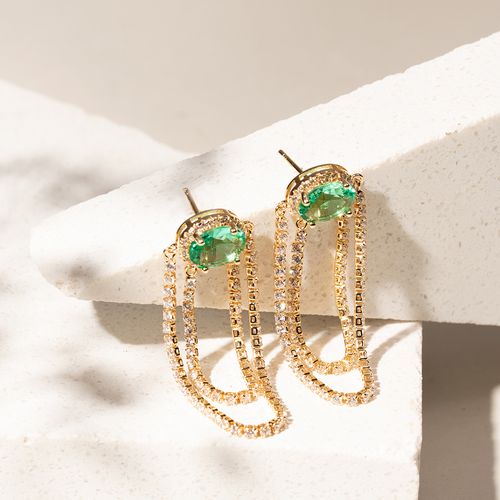 Brinco com Cristal Paraíba e Zircônia Branca Oval com Corrente - Banho de Ouro 18k