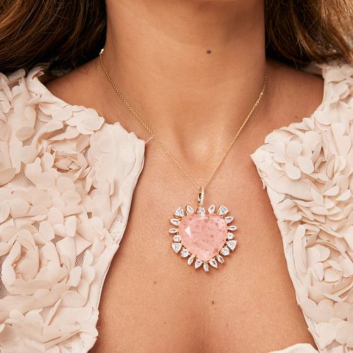 Colar Coração GG de Fusion Morganita com Zircônias Brancas - 50cm - Banho de Ouro 18k