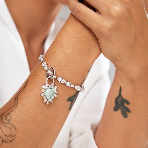 Pulseira Coração de Fusion Esmeralda Colombiana e Zircônias Brancas - 18cm - Banho de Ródio Branco