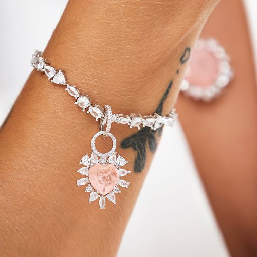 Pulseira Coração de Fusion Morganita e Zircônias Brancas - 18cm - Banho de Ródio Branco