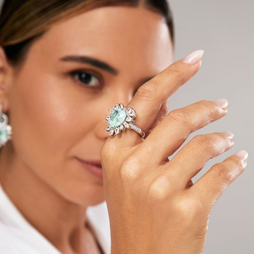 Anel Coração de Fusion Esmeralda Colombiana com Zircônias Brancas - Banho de Ródio Branco