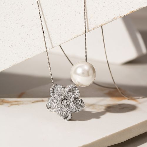 Colar Flor Cravejada com Pérola Shell - 50cm - Prata 925
