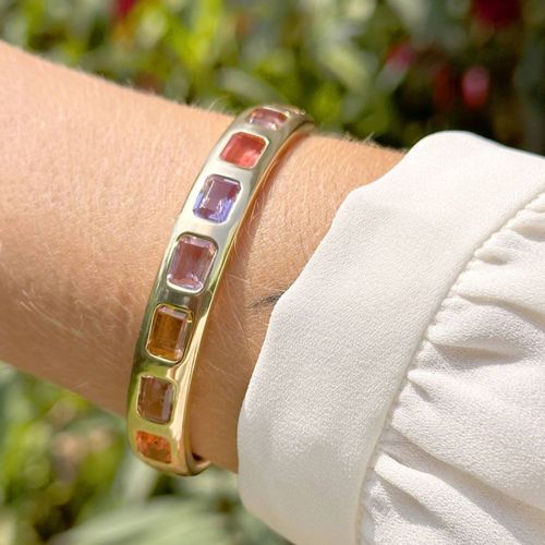 Bracelete com Cristal Ametista, Cristal Rodolita e Cristal Morganita com Cravação Inglesa - Banho de Ouro 18k