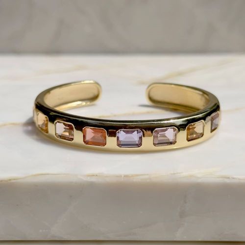 Bracelete com Cristal Ametista, Cristal Rodolita e Cristal Morganita com Cravação Inglesa - Banho de Ouro 18k