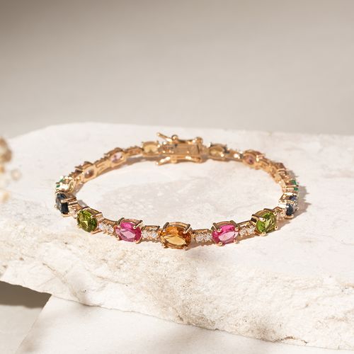 Pulseira com Cristais de Podange, Turmalina Rosa e Peridoto - 18cm - Banho de Ouro 18k