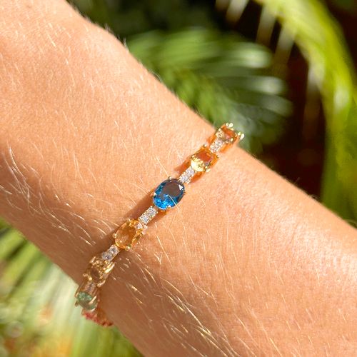 Pulseira com Cristais de London Blue, Turmalina Rosa e Morganita - 18cm - Banho de Ouro 18k