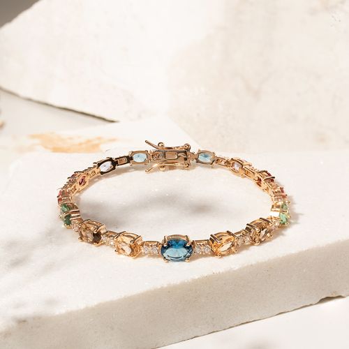 Pulseira com Cristais de London Blue, Turmalina Rosa e Morganita - 18cm - Banho de Ouro 18k