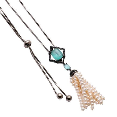 Colar Cristal Paraiba Balão Com Tassel Semijoia