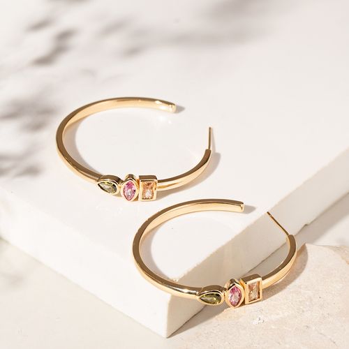 Brinco Argola Cristal Morganita, Cristal Turmalina Rosa e Cristal Peridoto em Formas - Banho de Ouro 18k