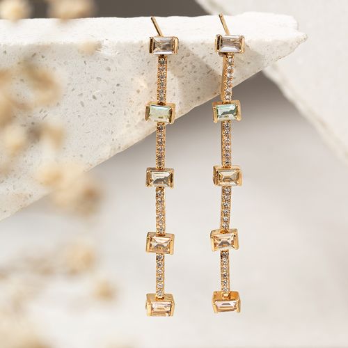 Brinco Longo Inteiro com Cristais Morganita, Paraíba e Topázio Azul em Retângulos - Banho de Ouro 18k