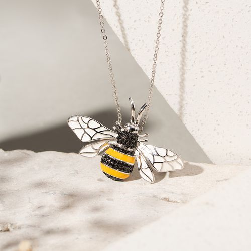 Colar Broche Abelha com Zircônia Negra e Esmalte/Resina - 45cm - Banho de Ródio Branco