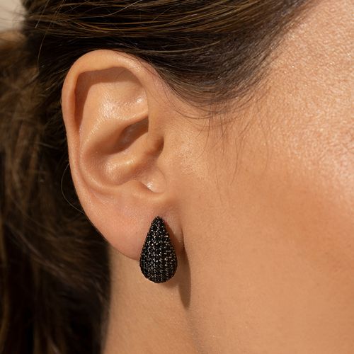 Brinco Gota Pera Cravejado com Zircônias Negras 17mm - Banho de Ródio Negro