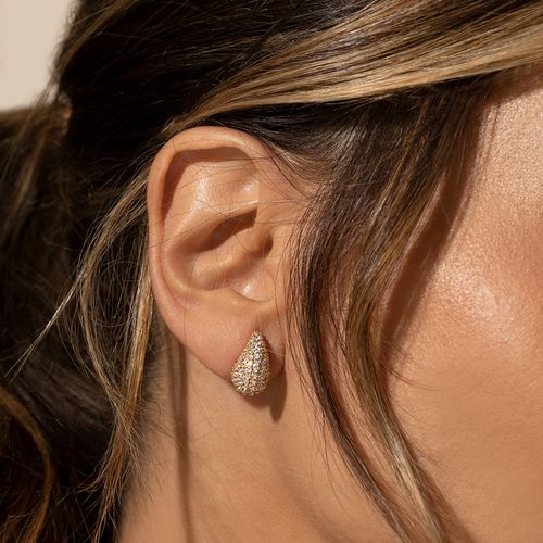 Brinco Gota Pera Cravejada Zircônia Branca 14mm - Banho de Ouro 18k