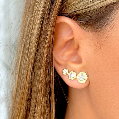 Brinco Earcuff Hexagono de Zircônias Brancas - Banho de Ouro 18k