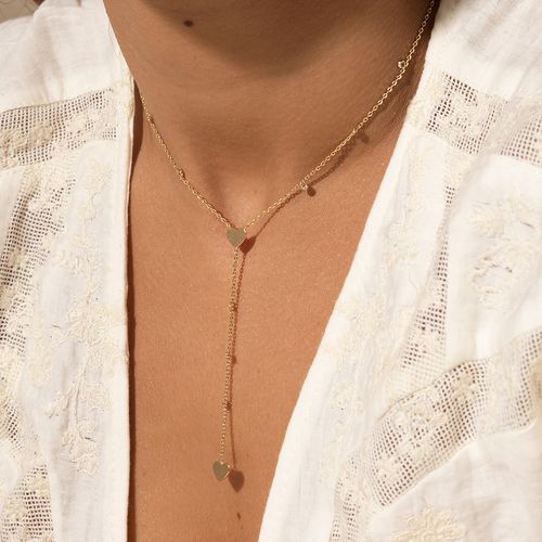 Colar Gravatinha Corações com Zircônias Brancas 46cm - Banho de Ouro 18k