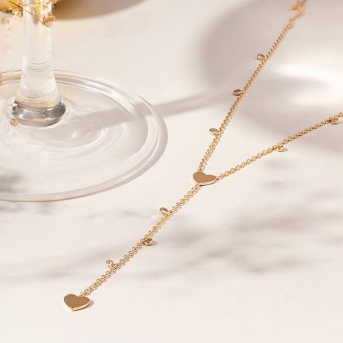 Colar Gravatinha Corações com Zircônias Brancas 46cm - Banho de Ouro 18k