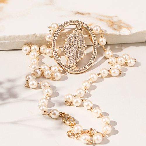 Colar Medalha de Nossa Senhora Das Graças com Pérolas Coreanas e Zircônias Brancas 48cm - Banho de Ouro 18K