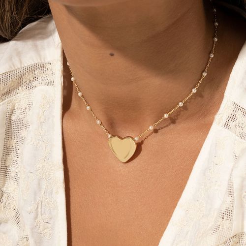 Colar Coração Liso com Pérolas Coreanas 48cm - Banho de Ouro 18K