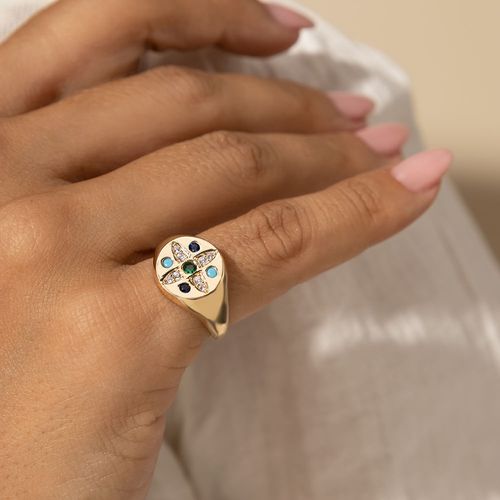 Anel Dedinho Mandala de Estrela Com Nano Turquesa Cristal Safira Cristal Esmeralda e Zircônias Brancas - Banho de Ouro 18k