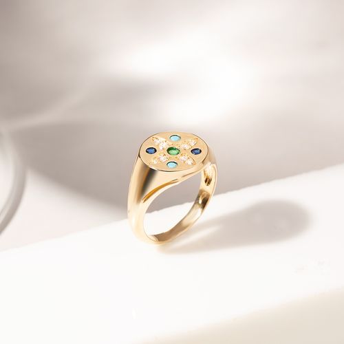 Anel Dedinho Mandala de Estrela Com Nano Turquesa Cristal Safira Cristal Esmeralda e Zircônias Brancas - Banho de Ouro 18k