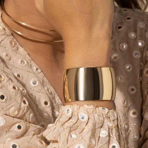 Bracelete Liso Largo com Zircônias Brancas - Banho de Ouro 18k