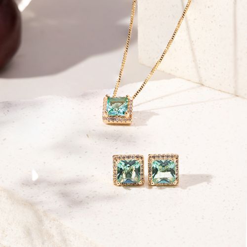 Conjunto Quadrado Cravejado de Cristal Paraiba e Zircônias Brancas (Brinco + Colar) 50cm - Banho de Ouro 18k