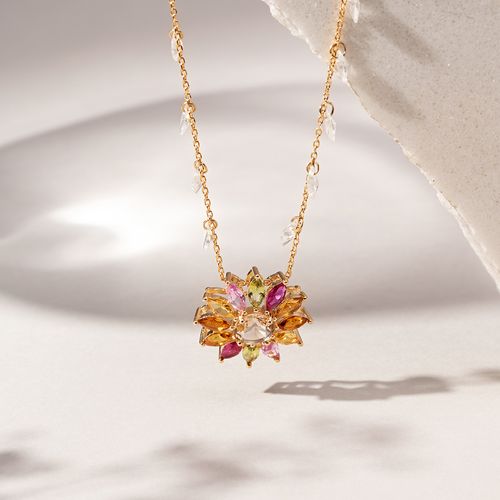 Colar Flor 21mm com Cristal Morganita Cristal Turmalina Rosa Cristal Citrino e Zircônias Brancas 50cm - Banho de Ouro 18k