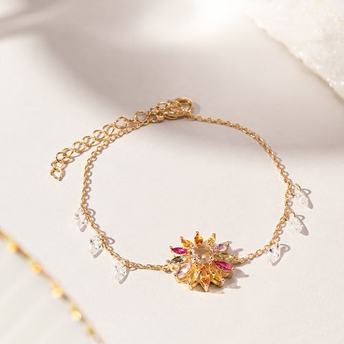 Pulseira Flor 16mm com Cristal Morganita Cristal Turmalina Rosa Cristal Citrino e Zircônias Brancas 18cm - Banho de Ouro 18k
