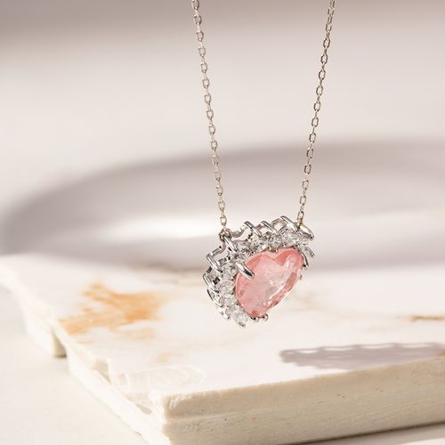 Colar Coração Fusion Quartzo Rosa 20mm Com Zircônias Brancas 50cm - Prata925