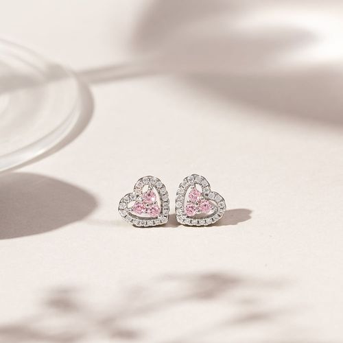 Brinco Coração Zircônias Diamond Pink Zirconias Brancas - Prata 925