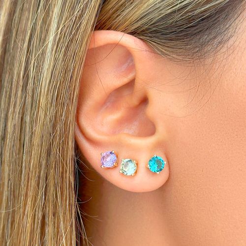 Brinco Top Redondo com Cristal Ametista, Cristal Ametista Verde e Cristal Paraiba 6mm Kit com 3 Pares - Banho de Ouro 18K