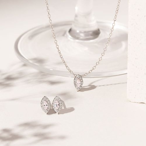 Conjunto Mini Ponto de Luz Navete de Cristal Diamond Pink Zircônias Brancas 45cm - Prata 925