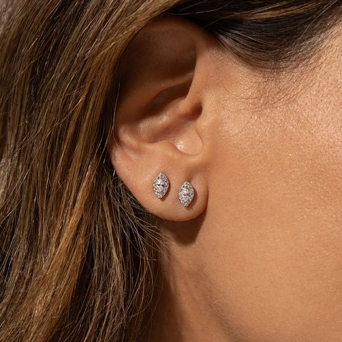 Conjunto Mini Ponto de Luz Navete de Cristal Diamond Pink Zircônias Brancas 45cm - Prata 925