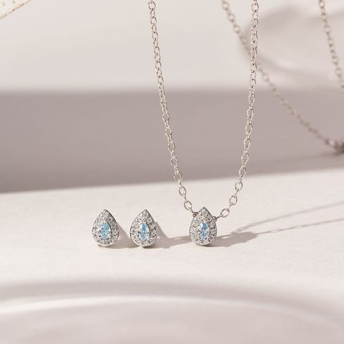 Conjunto Gotinha de Cristal Diamond Blue com Zircônias Brancas 45cm - Prata 925
