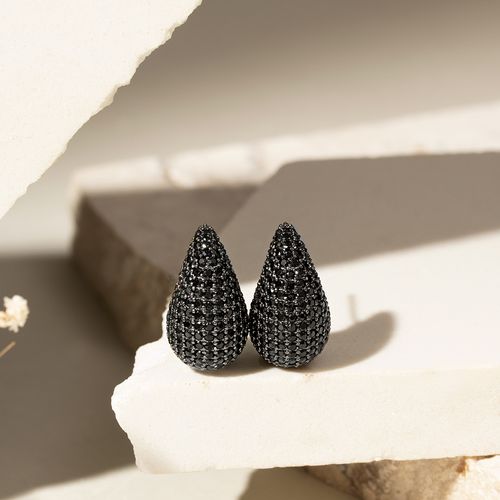 Brinco Gota Pera Cravejado com Zircônias Negras - 20mm - Banho de Ródio Negro