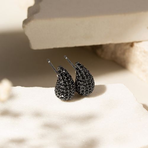 Brinco Gota Pera Cravejado Zircônia 14mm - Banho de Ródio Negro