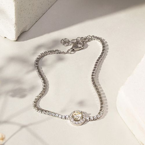 Pulseira Riviera Redondo Cravejado de Cristal Diamond Lemon e Zircônias Brancas 19cm - Prata 925