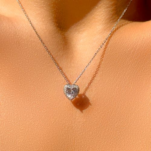 Colar Coração Inteiro Cravejado Com Zircônias Brancas 48cm - Prata 925