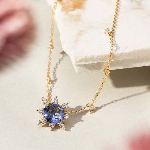 Colar Coroa Cristal London Blue e Zircônias Brancas 50cm - Banho de Ouro 18k