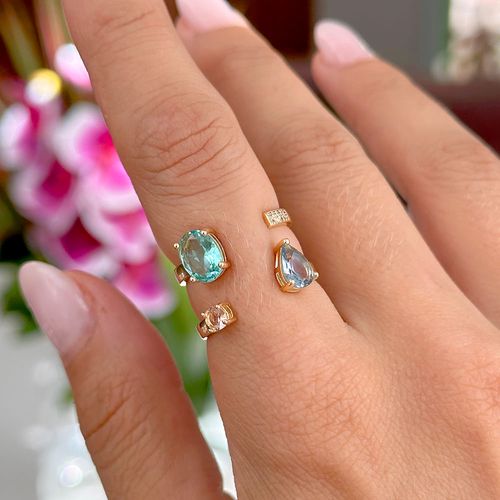 Anel Oval e Gota Com Cristal Paraiba Cristal Morganita Cristal London Blue - Banho de Ouro 18k