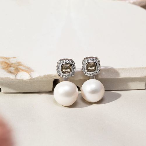 Brinco Quadrados Brilhantes com Pérola de Água Doce, Cristal Berilo e Zircônias Brancas - Prata 925