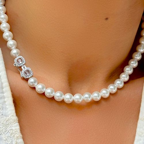 Colar Quadrados Brilhantes de Pérolas Shell, Cristal Rodolita e Zircônias Brancas 42cm - Prata 925